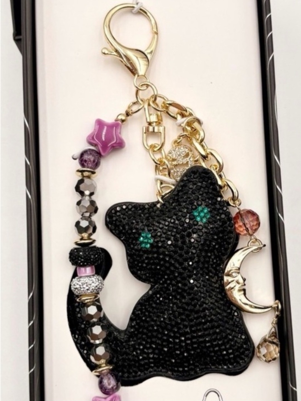 🐈⬛▪️Eye Candy ▪️Los Angeles Black Rhinestone Cat Bag Charm Keychain Moon Star - Picture 4 of 5